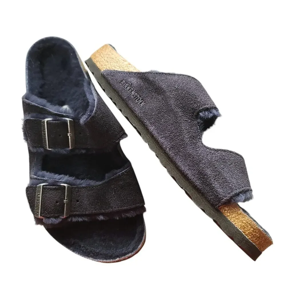 Birkenstock Navy Arizona Shearling Suede Leather Sandals 42 - Picture 6 of 9